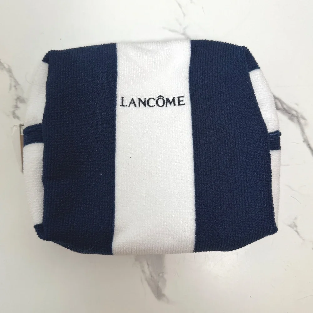 Lancome‎ Terry Cloth Cosmetic Bag Blue White Striped Makeup Pouch